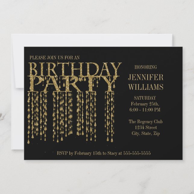Invitación Fiesta de cumpleaños | Purpurina de oro Confetti (Anverso)