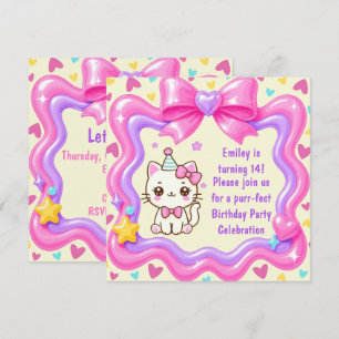Invitación Fiesta de cumpleaños Purr-Fect de gatito lindo 