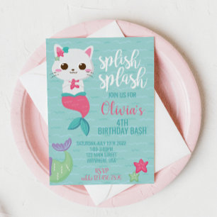 Invitación Fiesta de Cumpleaños Purrmaid Sirena Gatito Piscin