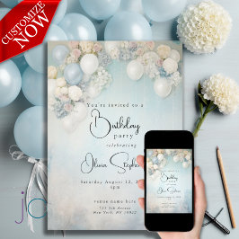 Invitación Fiesta de cumpleaños QR Globos florales azules y b