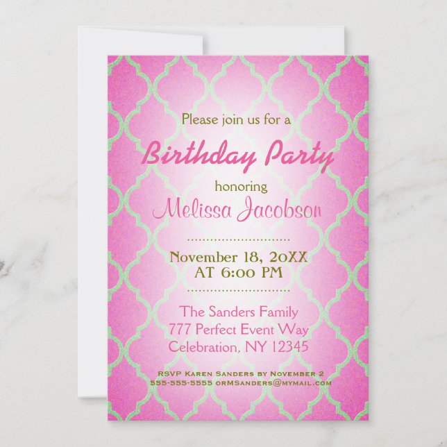 Invitación Fiesta de cumpleaños | Quatrefoil rosa (Anverso)