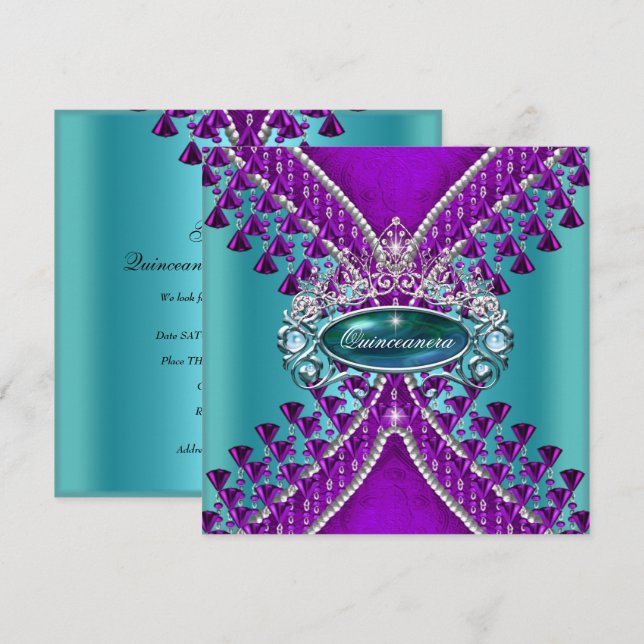 Invitación Fiesta de cumpleaños Quinceanera Azul morado Verde (Anverso / Reverso)