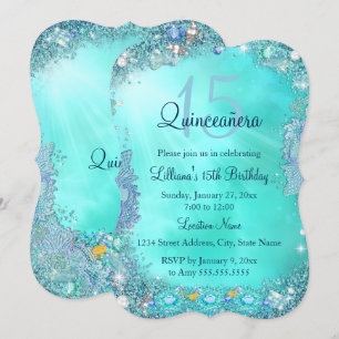 Invitación Fiesta de Cumpleaños Quinceañera Azul Teal Océano 