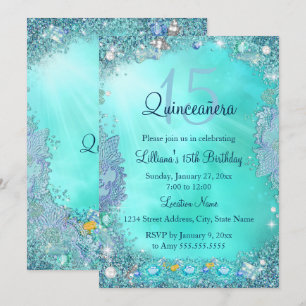 Invitación Fiesta de cumpleaños Quinceañera azul turquesa océ