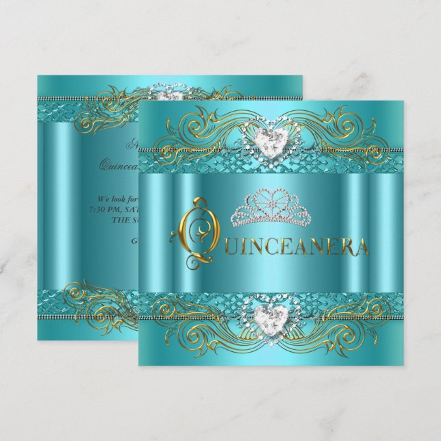 Invitación Fiesta de cumpleaños Quinceañera azul turquesa pla (Anverso / Reverso)