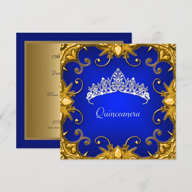 Invitación Fiesta de cumpleaños Quinceanera Bjue Gold Tiara (Anverso / Reverso)