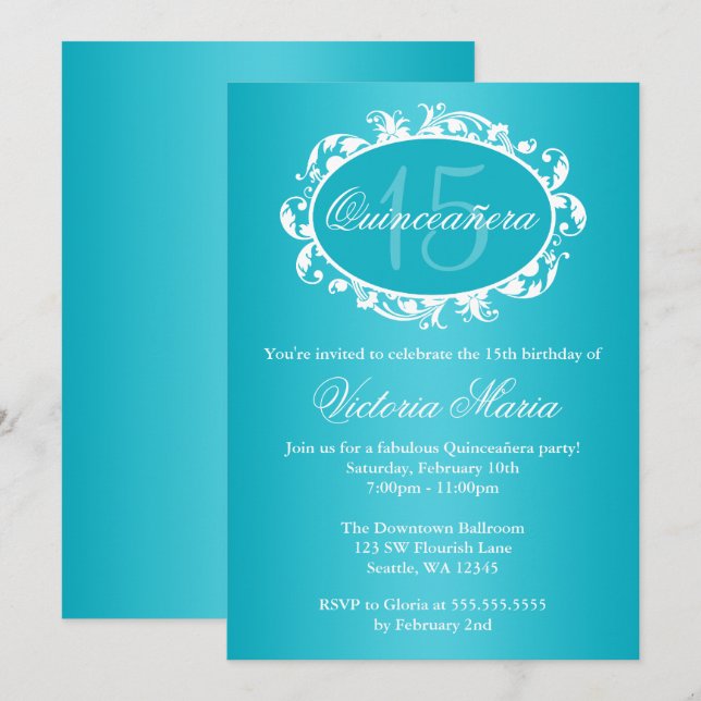 Invitación Fiesta de cumpleaños Quinceanera con elegancia azu (Anverso / Reverso)