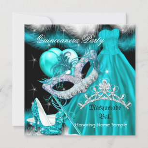 Invitación Fiesta de Cumpleaños Quinceañera de Mascarada Turq