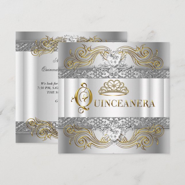 Invitación Fiesta de cumpleaños Quinceanera de oro blanco pla (Anverso / Reverso)