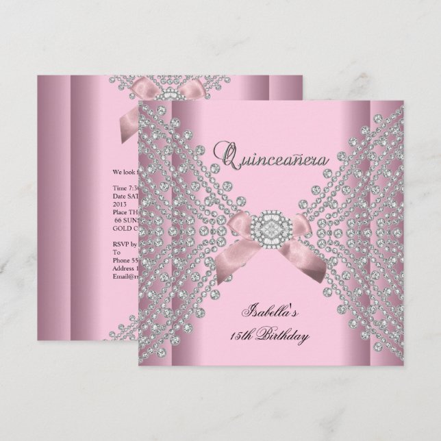Invitación Fiesta de cumpleaños Quinceanera Diamantes blancos (Anverso / Reverso)