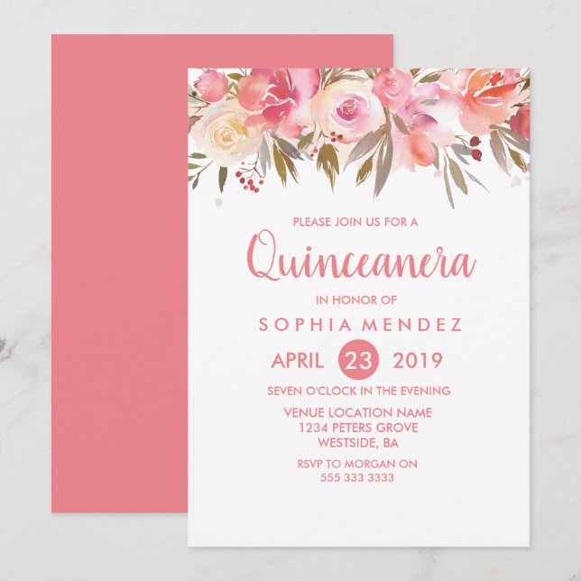 Invitación Fiesta de cumpleaños Quinceanera Flowers (Anverso / Reverso)