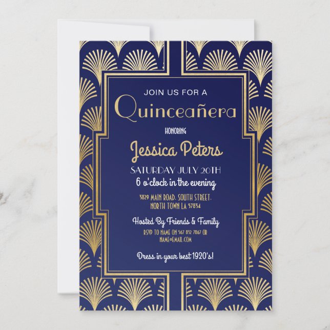 Invitación Fiesta de cumpleaños Quinceanera Gatsby Art Deco G (Anverso)