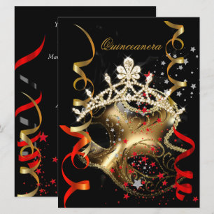 Invitación Fiesta de cumpleaños Quinceañera Máscara roja negr