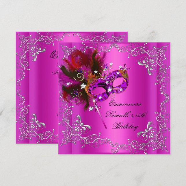 Invitación Fiesta de cumpleaños Quinceañera Mascarada Rosa (Anverso / Reverso)