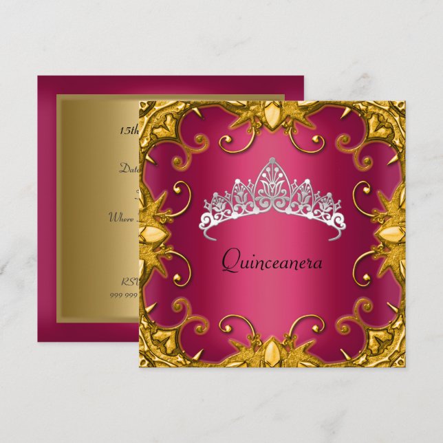 Invitación Fiesta de cumpleaños Quinceanera Oro Blanco Tiara (Anverso / Reverso)