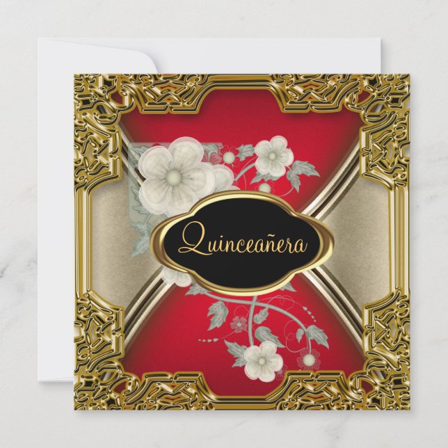 Invitación Fiesta de cumpleaños Quinceañera Oro Rojo negro (Anverso)