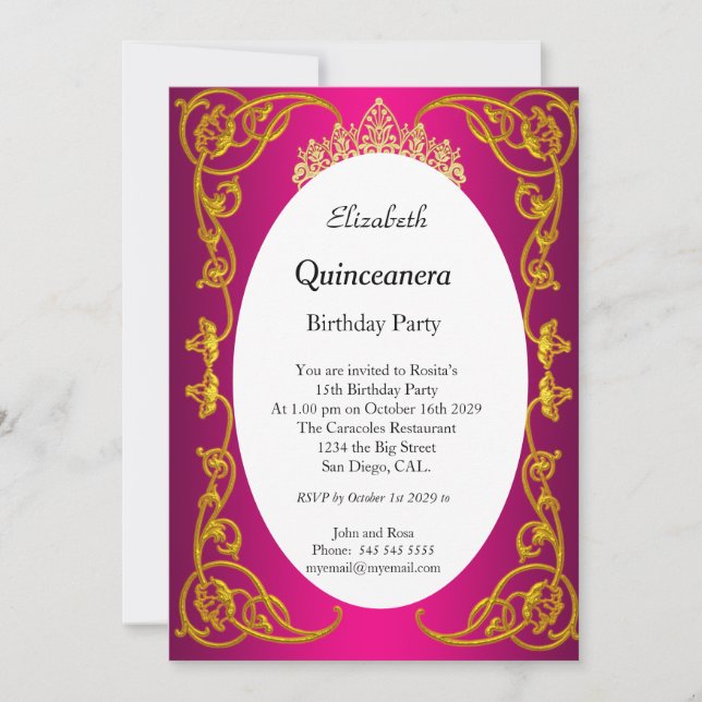 Invitación Fiesta de cumpleaños Quinceanera Oro Rosa (Anverso)