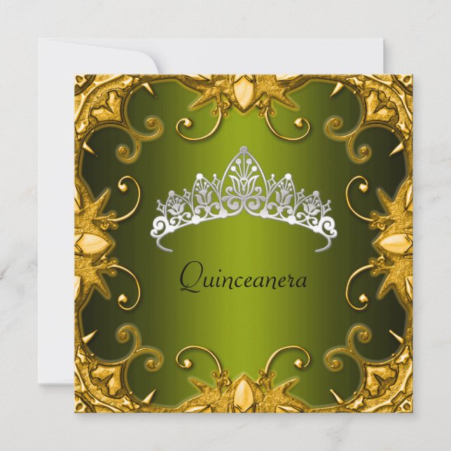 Invitación Fiesta de cumpleaños Quinceanera Oro Verde Tiara b (Anverso)
