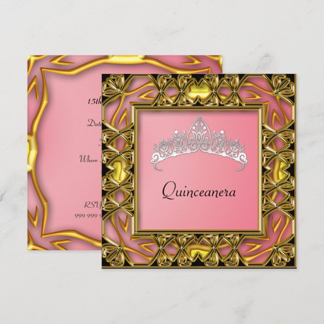 Invitación Fiesta de cumpleaños Quinceanera Oro y salmón (Anverso / Reverso)