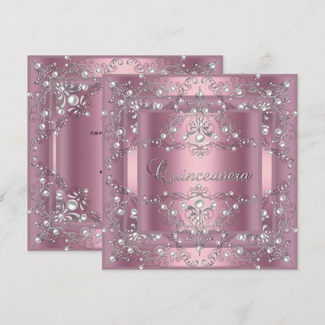 Invitación Fiesta de cumpleaños Quinceañera perla rosa (Anverso / Reverso)