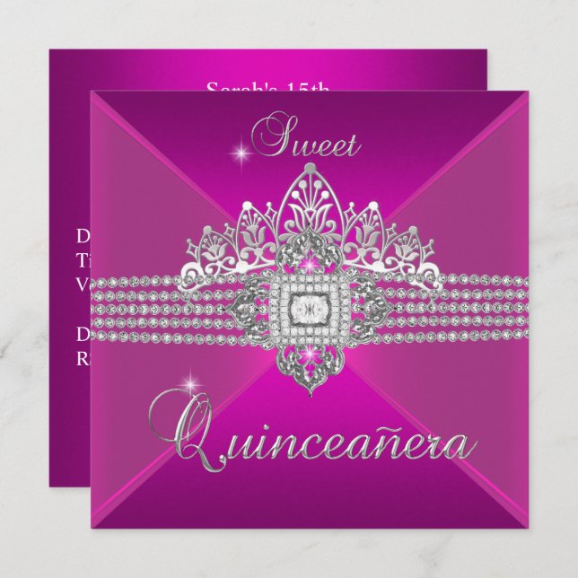 Invitación Fiesta de cumpleaños Quinceanera Rosa caliente (Anverso / Reverso)