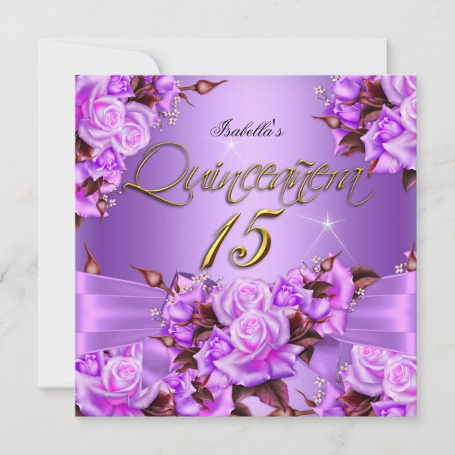 Invitación Fiesta de cumpleaños Quinceanera Rosa Morado (Anverso)