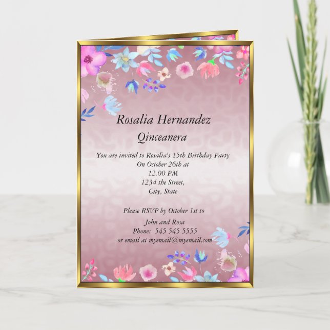 Invitación Fiesta de cumpleaños Quinceanera Rosa y Flores (Anverso)