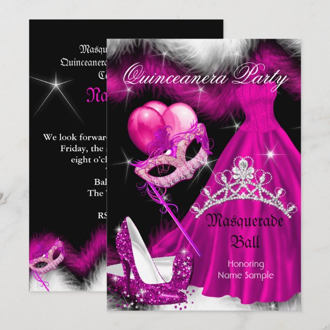 Invitación Fiesta de cumpleaños Quinceanera Rosado 3a (Anverso / Reverso)