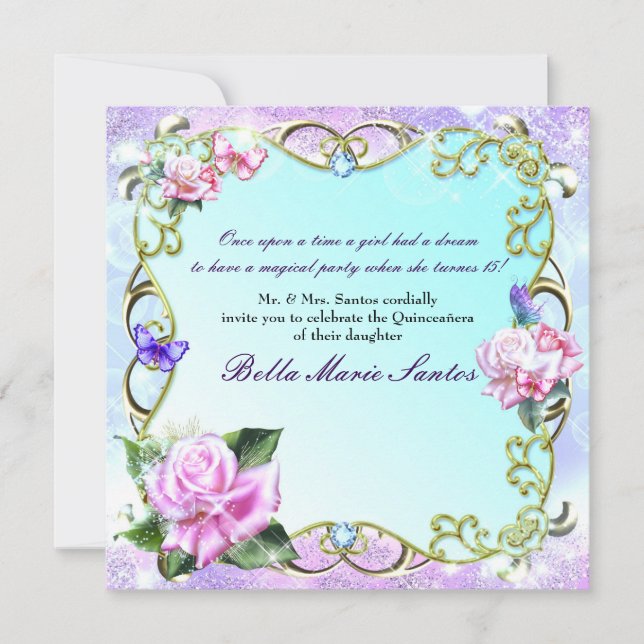 Invitación Fiesta de Cumpleaños Quinceañera Rosas y Mariposas (Anverso)