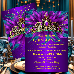 Invitación Fiesta de cumpleaños Quinceañera Tiara Azul Teal P