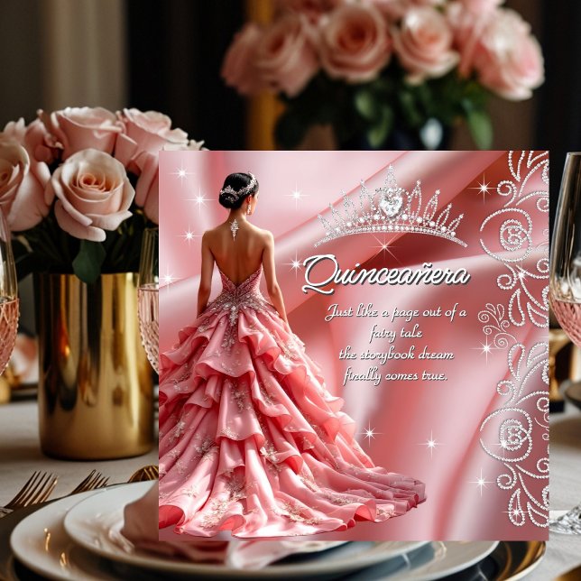 Invitación Fiesta de cumpleaños Quinceanera Vestido Rosa Tiar (Subido por el creador)