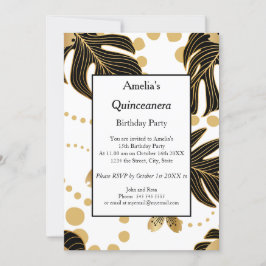 Invitación Fiesta de cumpleaños Quinceanera White Black Gold