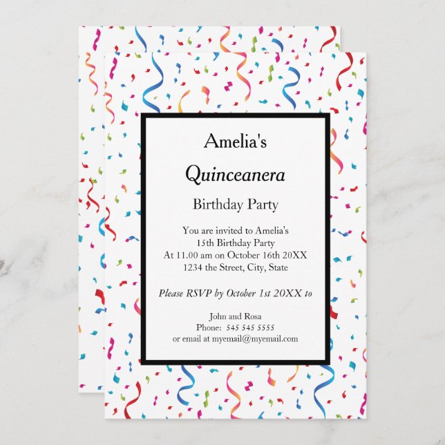 Invitación Fiesta de cumpleaños Quinceanera white confetti (Anverso / Reverso)