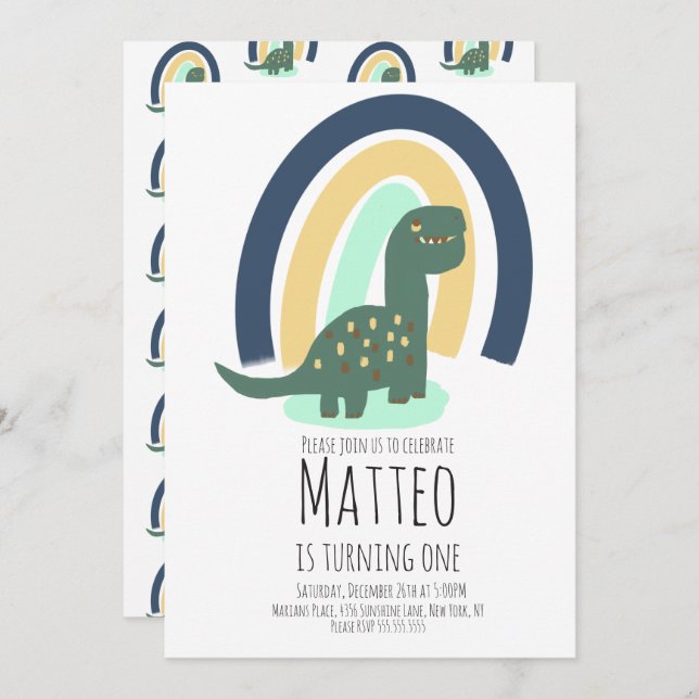 Invitación Fiesta de cumpleaños Rainbow de dinosaurio dibujad (Anverso / Reverso)