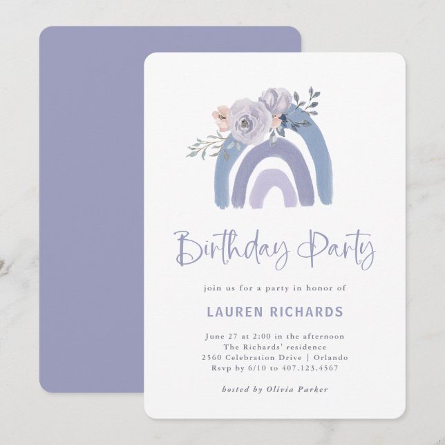 Invitación Fiesta de cumpleaños Rainbow de Dusty Blue y Purpl (Anverso / Reverso)