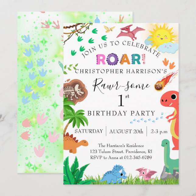 Invitación Fiesta de cumpleaños Rawr-some Dinosaurio 1er año (Anverso / Reverso)