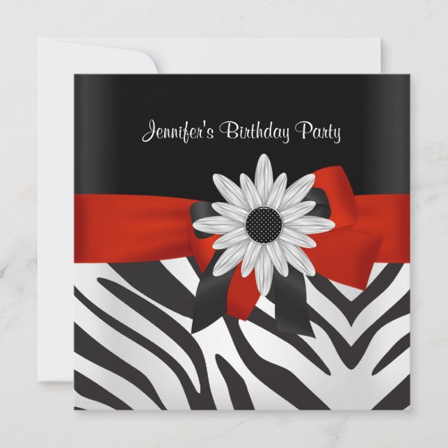 Invitación Fiesta de Cumpleaños Raya de Cebra Negra Flor Roja (Anverso)