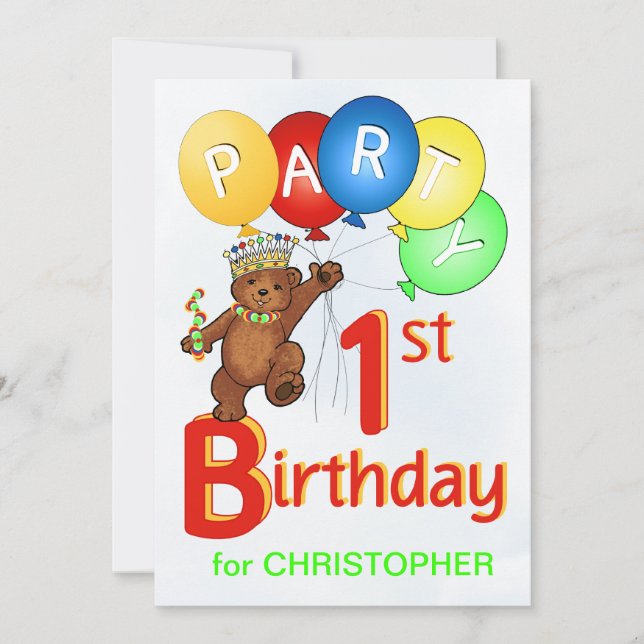 Invitación Fiesta de cumpleaños real del oso de peluche 1ra (Anverso)
