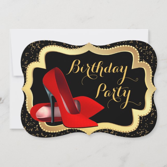 Invitación Fiesta de cumpleaños Red High Heel Black and Gold (Anverso)