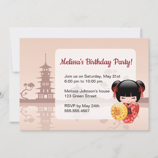 Invitación Fiesta de cumpleaños Red Sakura Kokeshi Muñeca Cut (Anverso)
