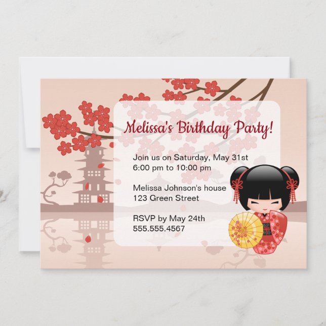 Invitación Fiesta de cumpleaños Red Sakura Kokeshi Muñeca Cut (Anverso)