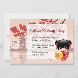 Invitación Fiesta de cumpleaños Red Sakura Kokeshi Muñeca Cut
