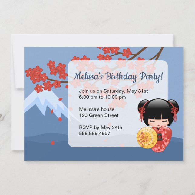 Invitación Fiesta de cumpleaños Red Sakura Kokeshi Muñeca Cut (Anverso)