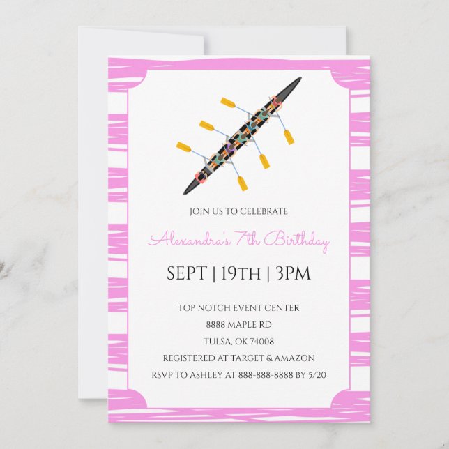 Invitación Fiesta de Cumpleaños Remando con Rayas Rosadas (Anverso)