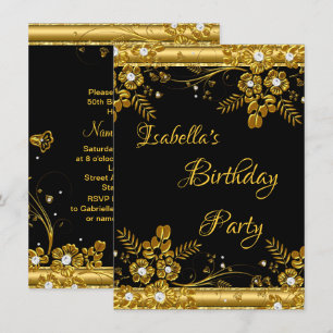 Invitación Fiesta de Cumpleaños Remolino Floral Diamante Negr