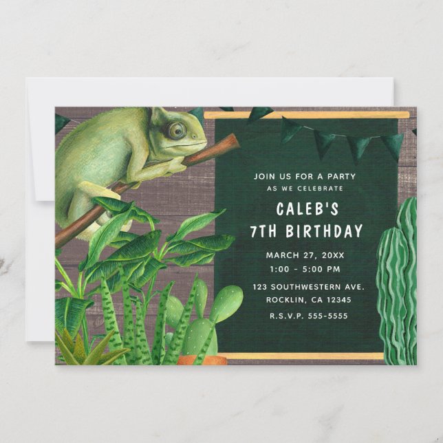 Invitación Fiesta de Cumpleaños Reptil Iguana Suroeste Rústic (Anverso)