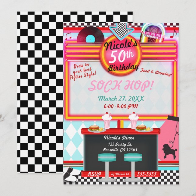 Invitación Fiesta de Cumpleaños Restaurante Retro Vintage Año (Anverso / Reverso)