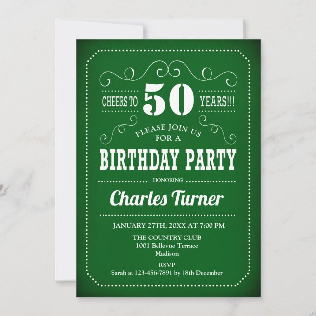 Invitación Fiesta de cumpleaños Retro 50 - Blanco Verde (Anverso)
