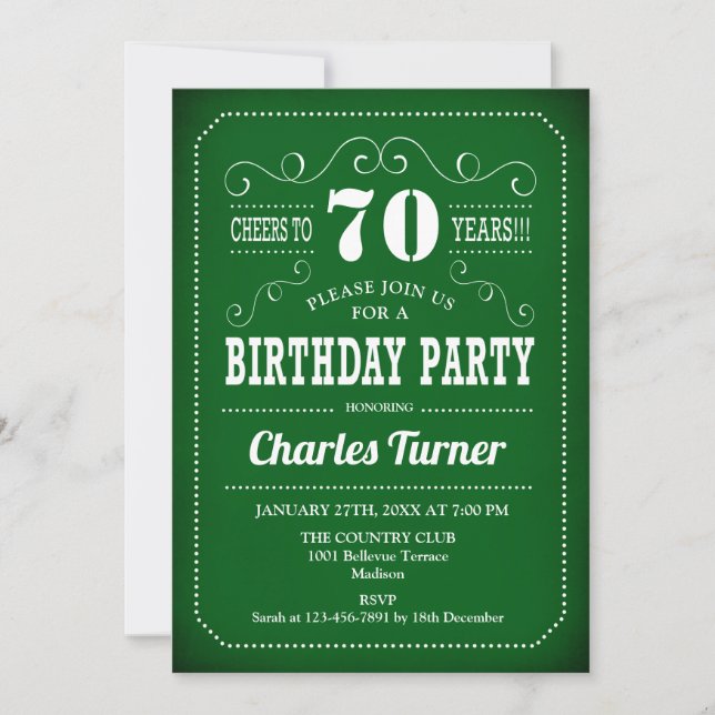 Invitación Fiesta de cumpleaños Retro 70 - Blanco Verde (Anverso)