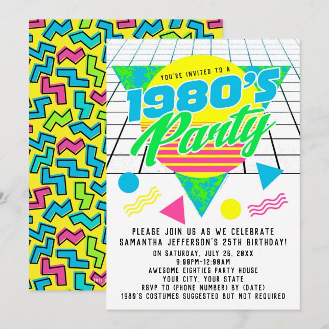 Invitación Fiesta de cumpleaños Retro 80 de la geométrica col (Anverso / Reverso)
